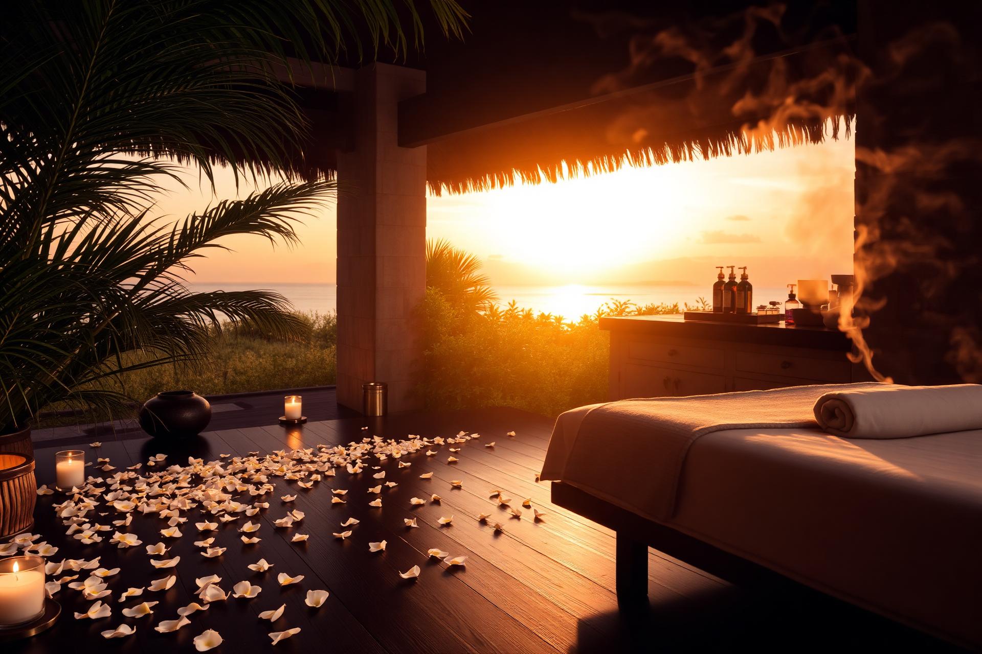 Balinese spa treatment room at golden hour with candles and frangipani petals